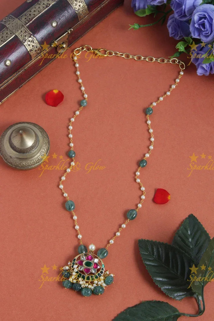jadau kundan half moon flower pendent chain with pearl and green pumkin beads - Sparkle and Glow