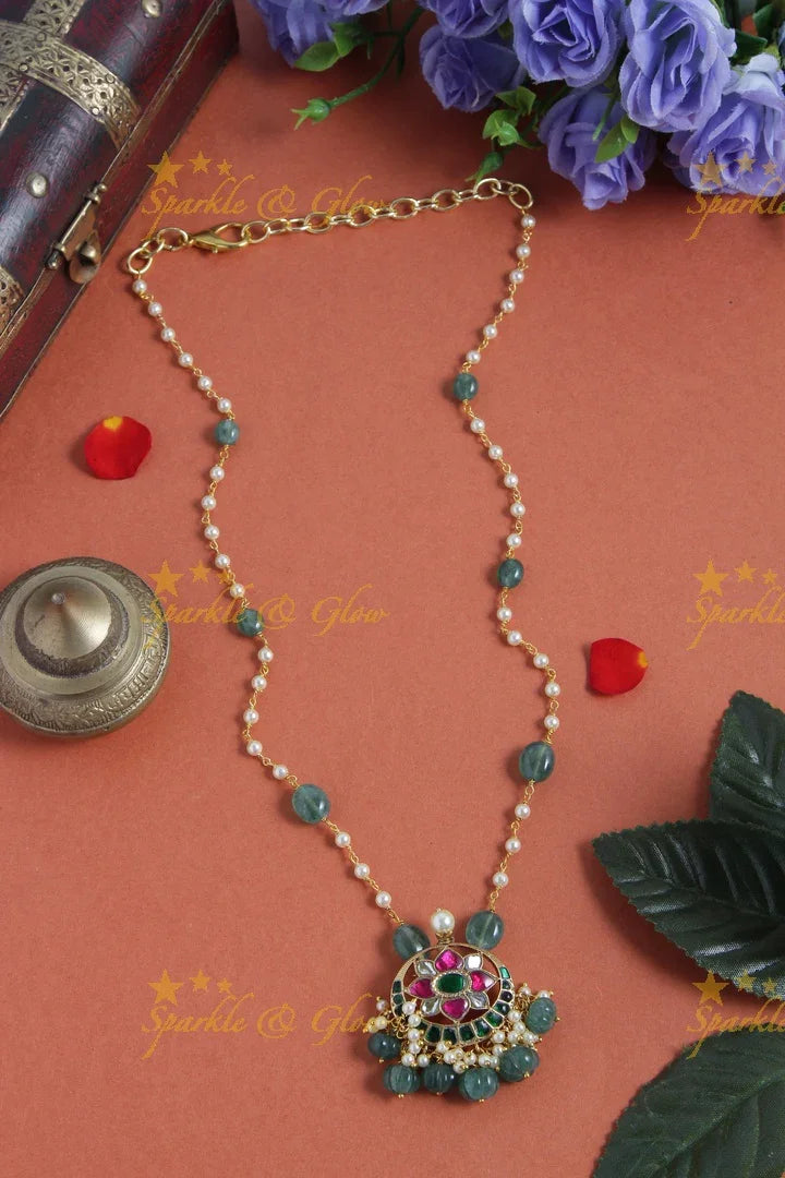 jadau kundan half moon flower pendent chain with pearl and green pumkin beads - Sparkle and Glow
