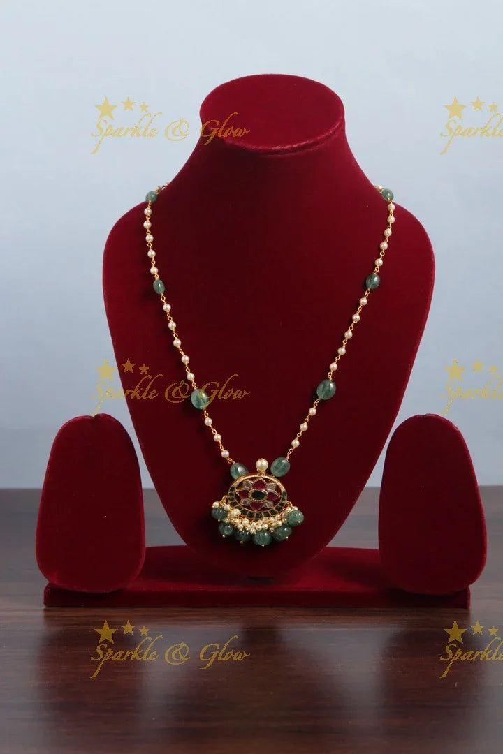 jadau kundan half moon flower pendent chain with pearl and green pumkin beads - Sparkle and Glow