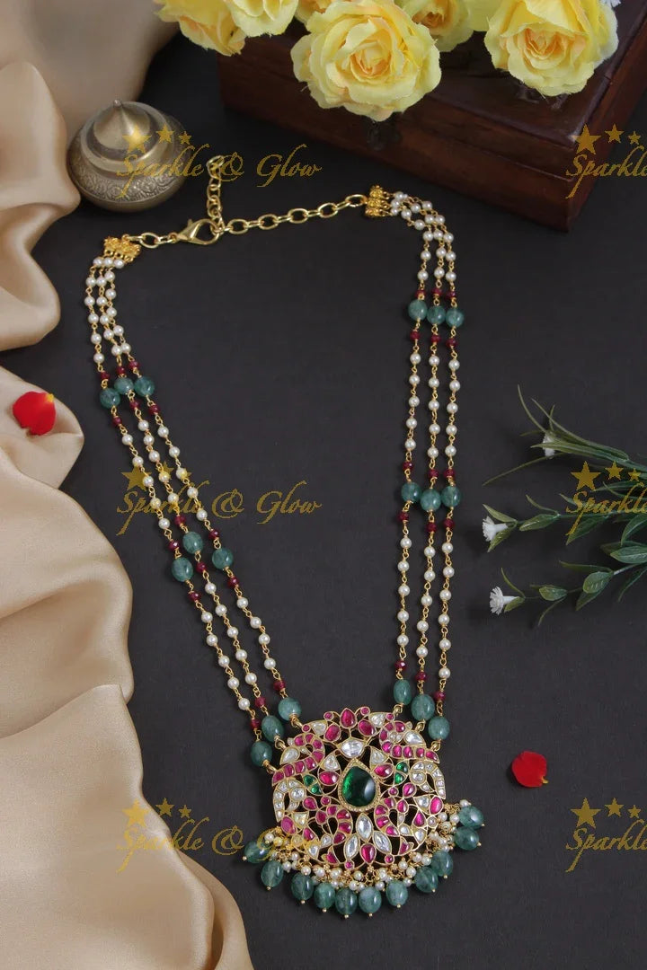 jadau kundan peacock pendent chain with pearl and green pumkin beads - Sparkle and Glow