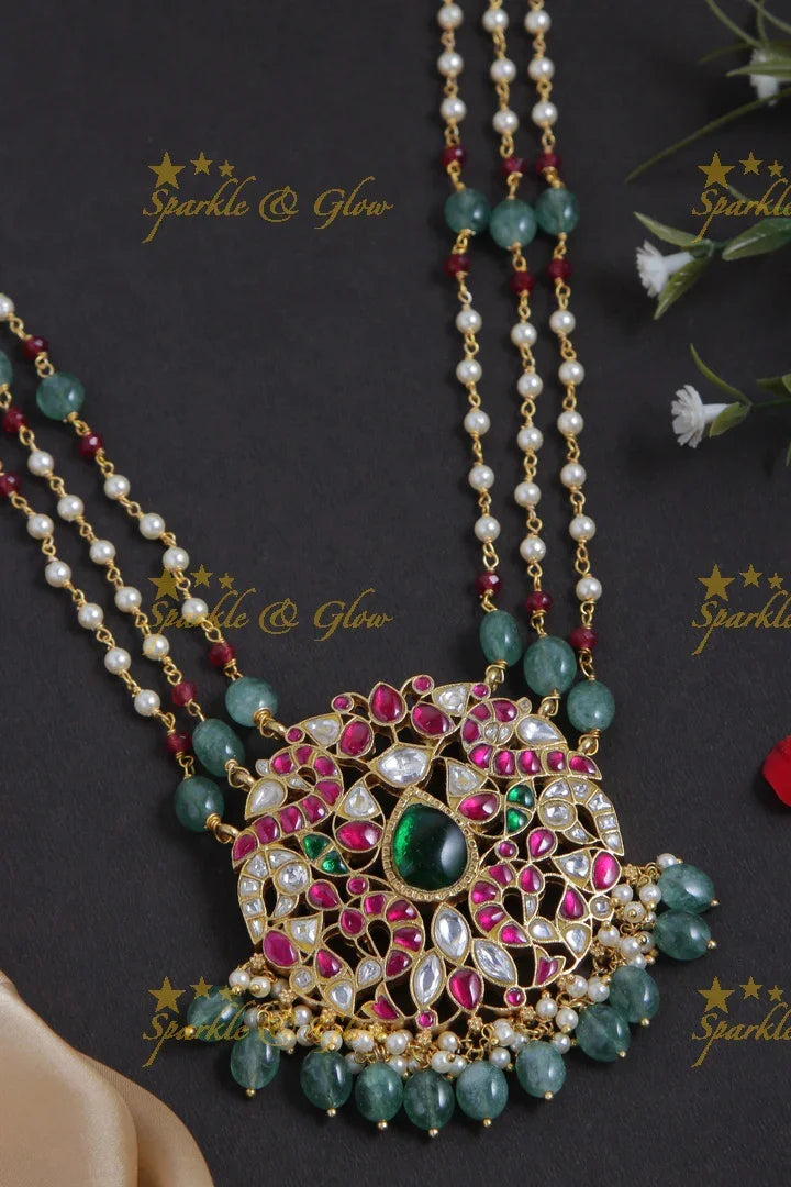 jadau kundan peacock pendent chain with pearl and green pumkin beads - Sparkle and Glow