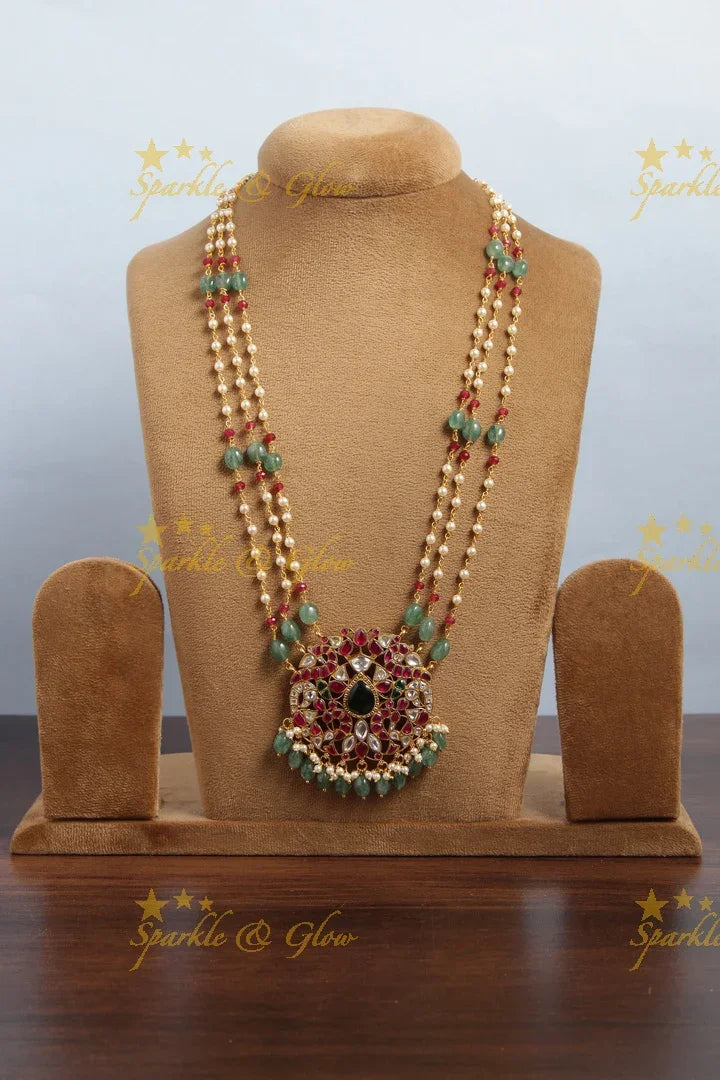 jadau kundan peacock pendent chain with pearl and green pumkin beads - Sparkle and Glow