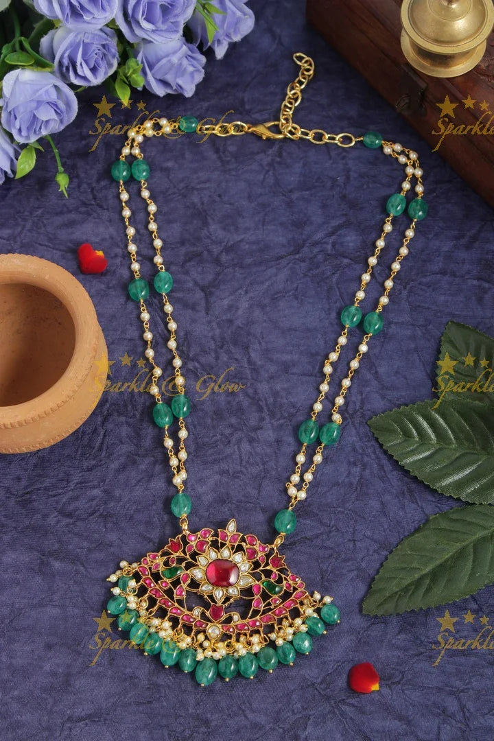 jadau kundan flower pendent chain with pearl and green pumkin beads - Sparkle and Glow