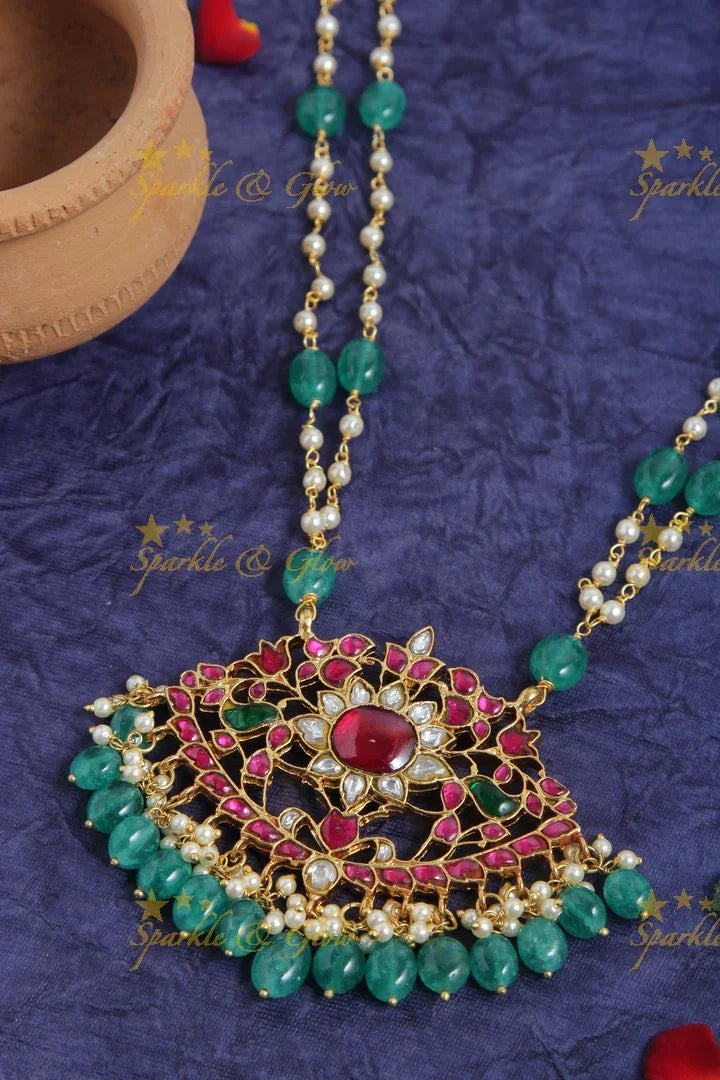 jadau kundan flower pendent chain with pearl and green pumkin beads - Sparkle and Glow