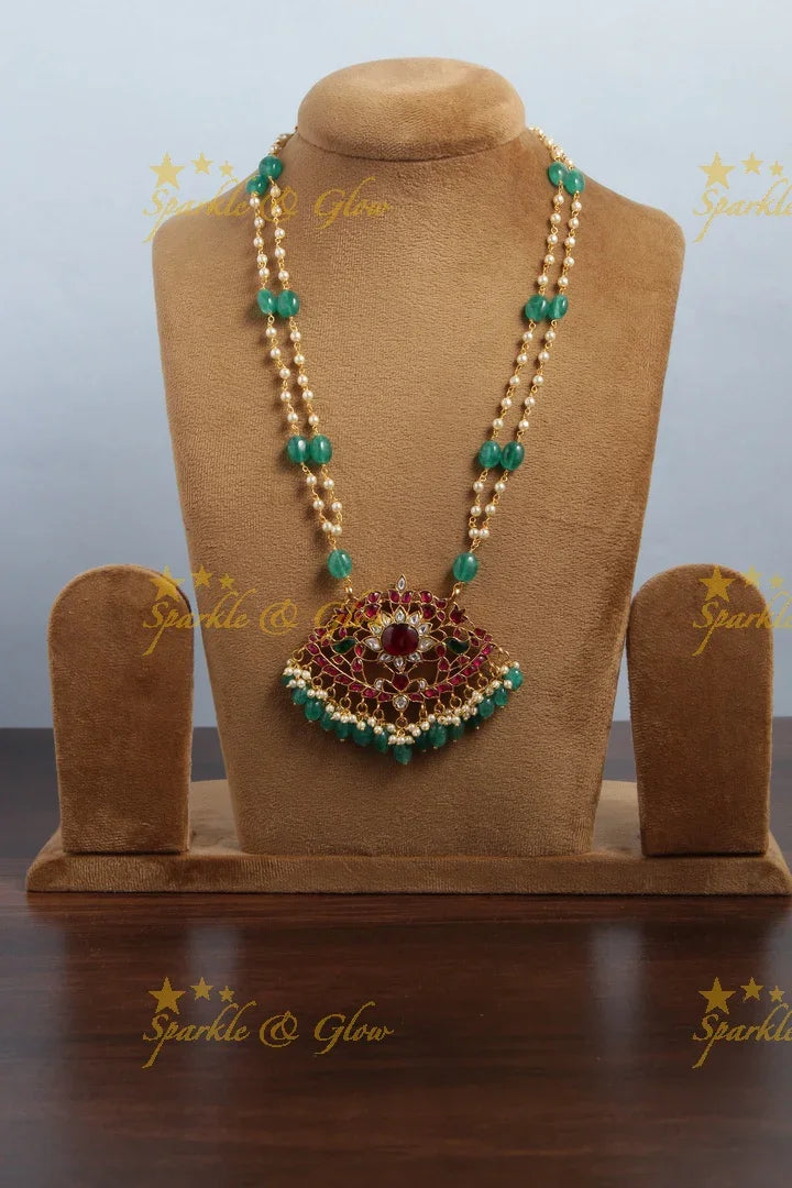 jadau kundan flower pendent chain with pearl and green pumkin beads - Sparkle and Glow