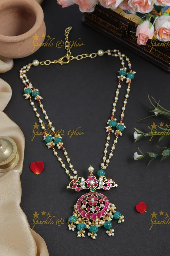 jadau kundan flower pendent chain with pearl and green pumkin beads - Sparkle and Glow