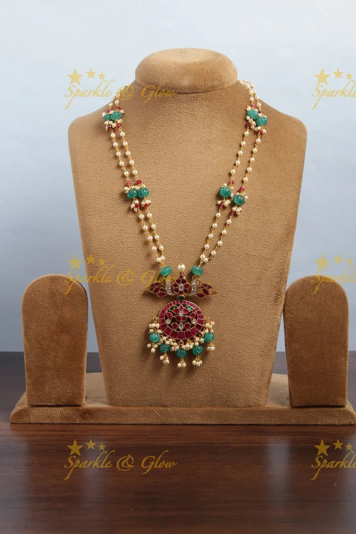 jadau kundan flower pendent chain with pearl and green pumkin beads - Sparkle and Glow