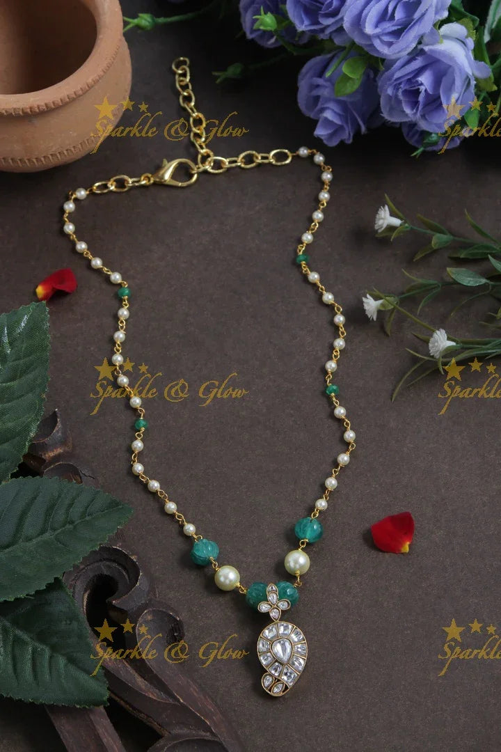 jadau kundan mango pendent chain with pearl and green pumkin beads - Sparkle and Glow