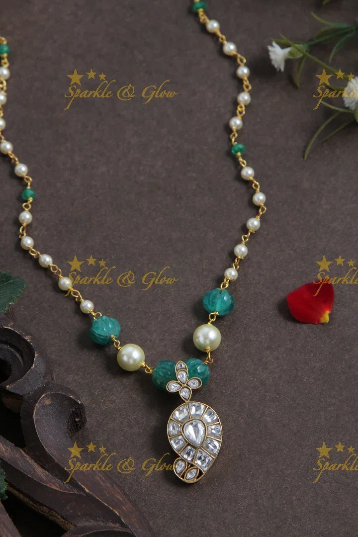jadau kundan mango pendent chain with pearl and green pumkin beads - Sparkle and Glow