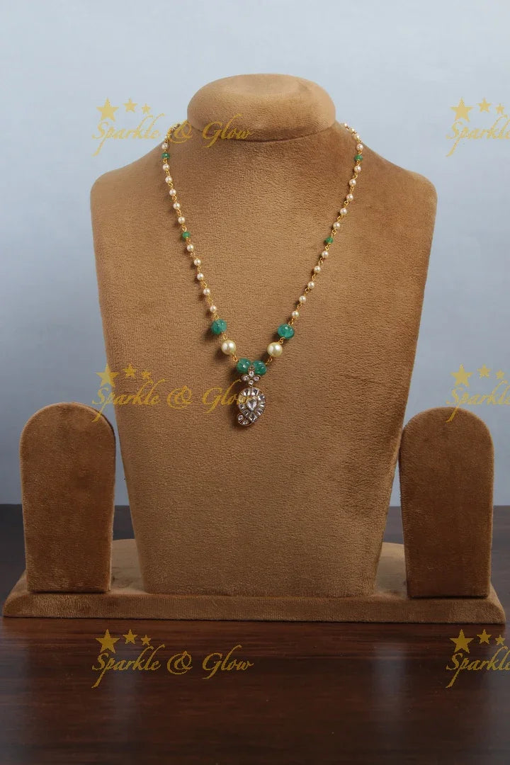 jadau kundan mango pendent chain with pearl and green pumkin beads - Sparkle and Glow