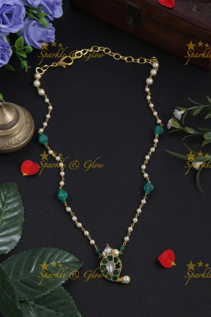 jadau kundan mango pendent chain with pearl and green pumkin beads - Sparkle and Glow