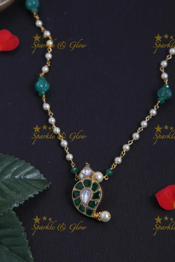 jadau kundan mango pendent chain with pearl and green pumkin beads - Sparkle and Glow