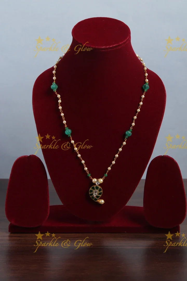 jadau kundan mango pendent chain with pearl and green pumkin beads - Sparkle and Glow