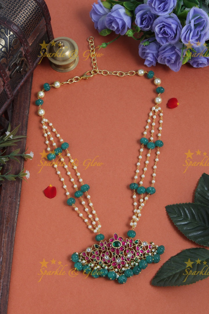jadau kundan peacock pendent chain with pearl and green pumkin beads