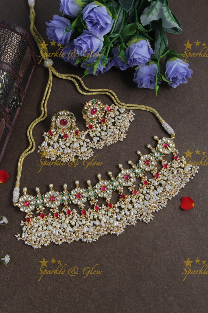 Beautiful gold alike floral rice pearl choker