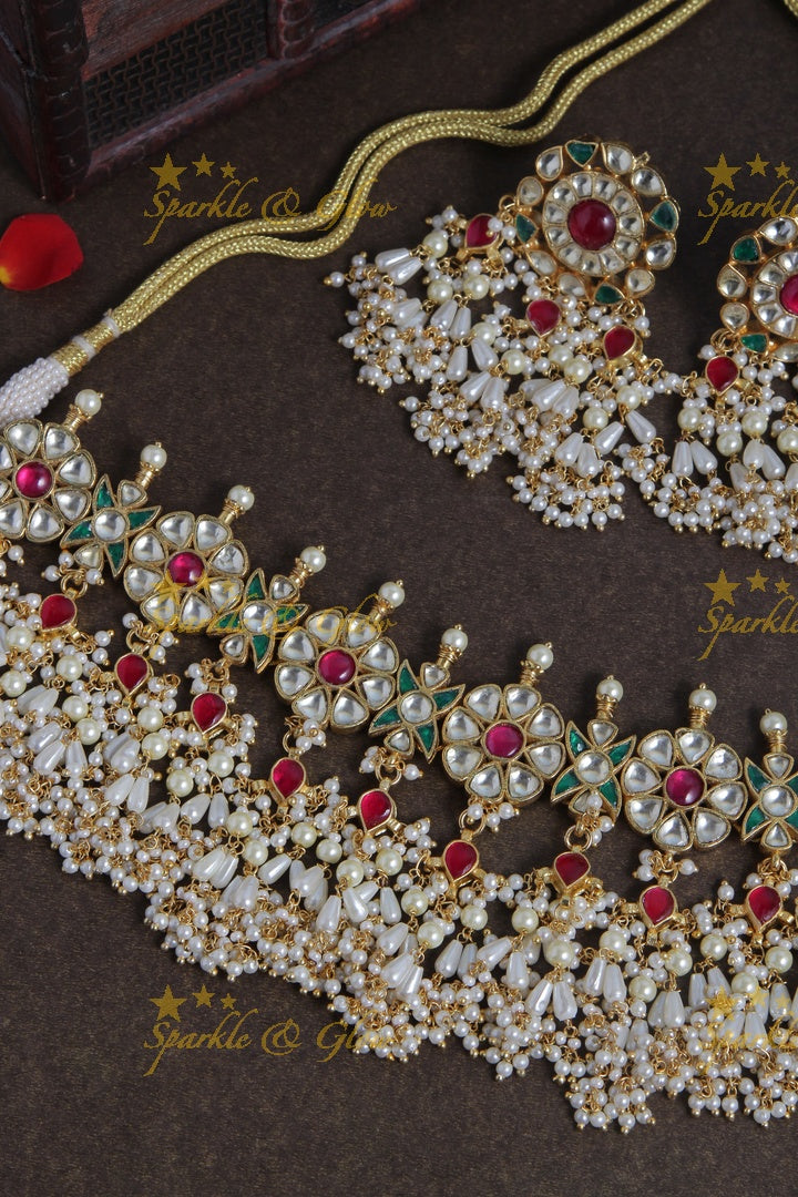 Beautiful gold alike floral rice pearl choker