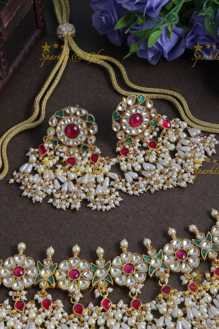 Beautiful gold alike floral rice pearl choker