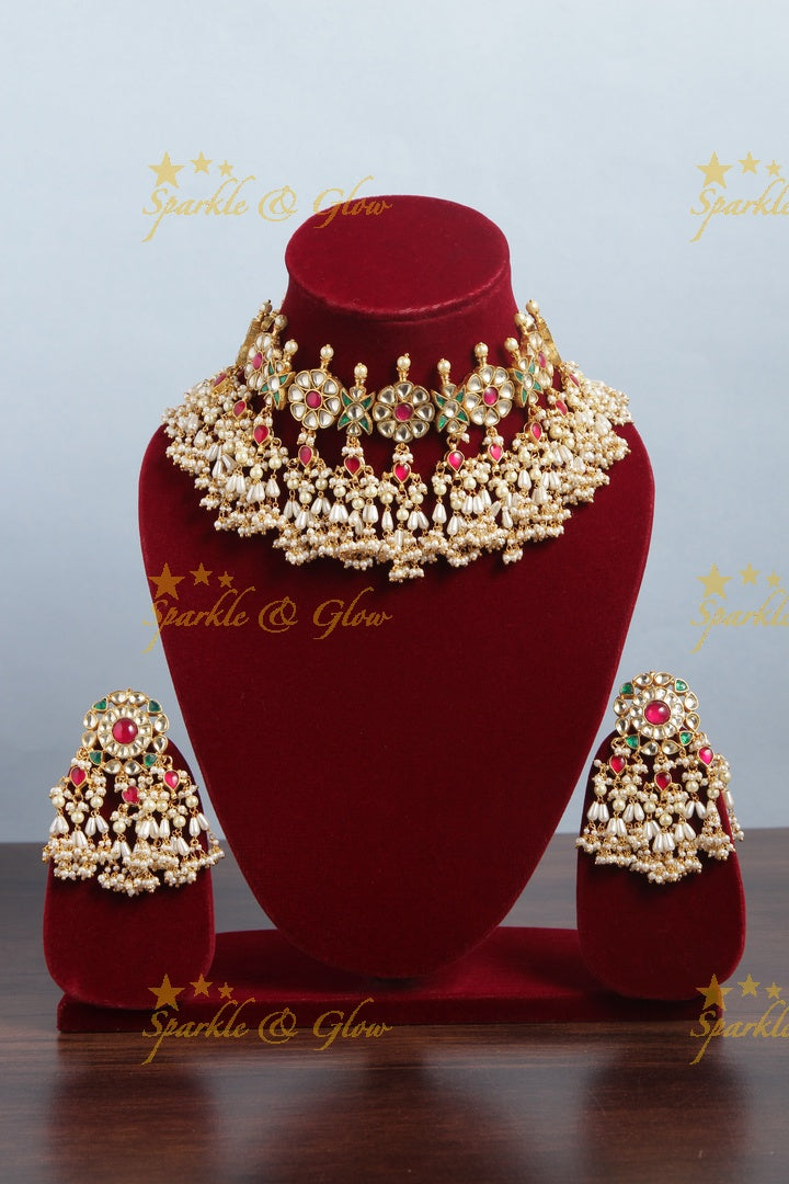 Beautiful gold alike floral rice pearl choker