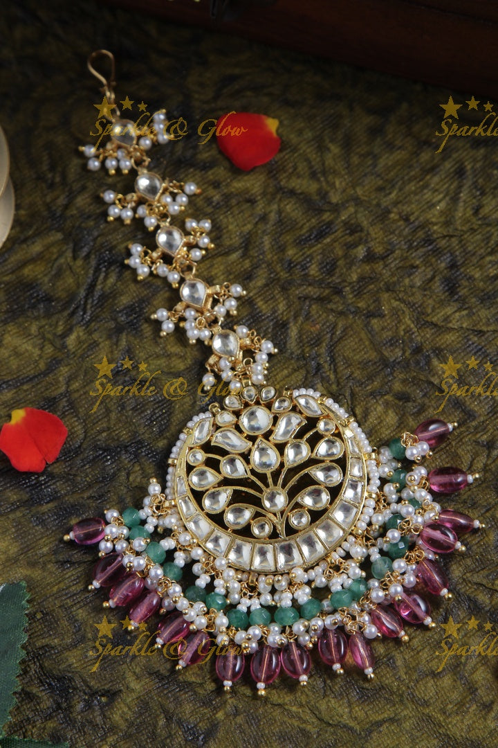 Beautiful half moon leaf maang tikka with pearls and pink beads