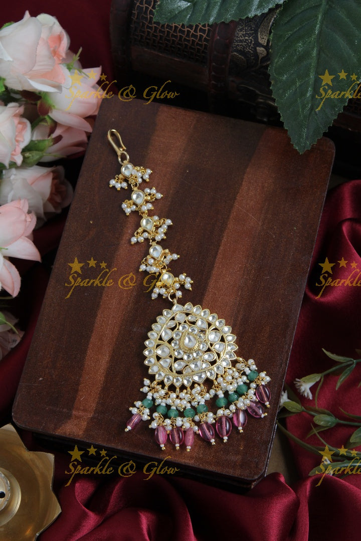 Gold alike leaf design maang tikka with pearls and pink beads