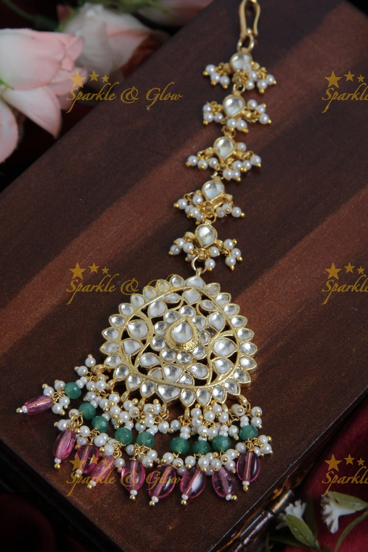 Gold alike leaf design maang tikka with pearls and pink beads