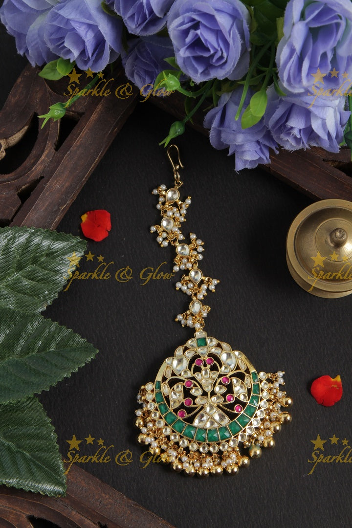 Gold alike half moon jadau kundan maang tikka with gold beads