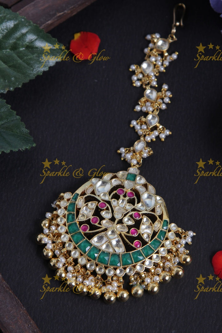 Gold alike half moon jadau kundan maang tikka with gold beads