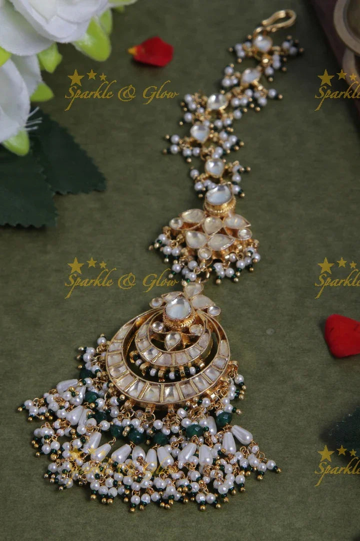 Pearl Green Bead Maang Tikka Gold-Like Finish - Main Image