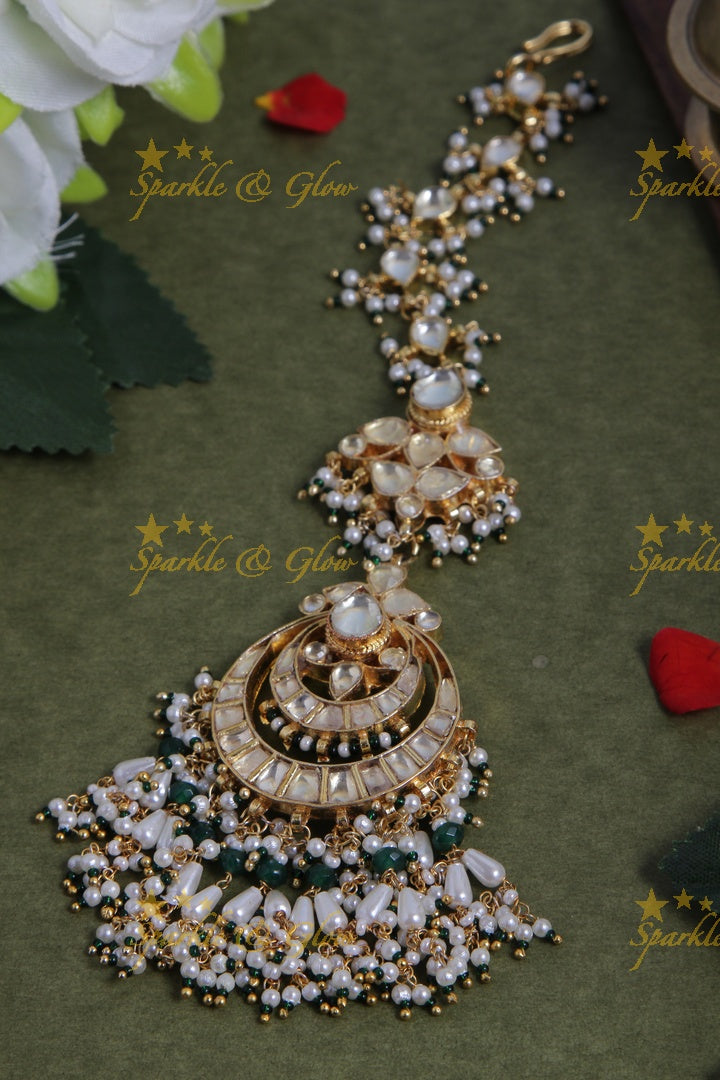 Gold alike double half moon maang tikka with pearls and green beads