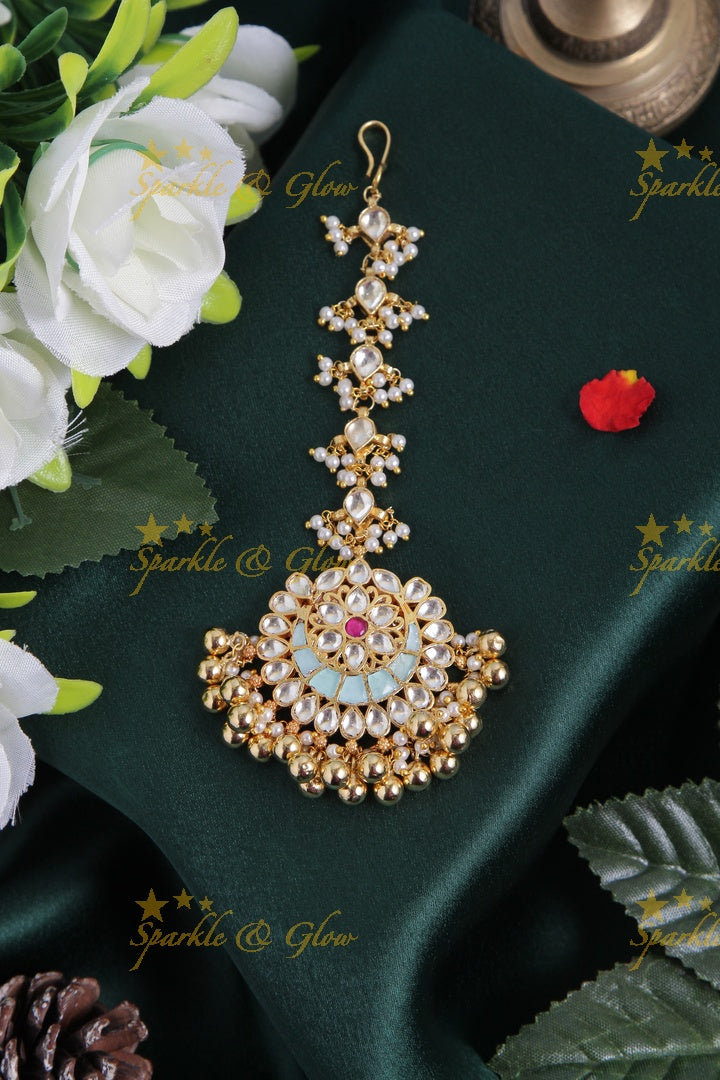 Beautiful gold alike light blue half moon floral maang tikka with gold beads