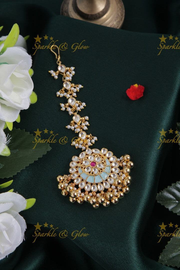 Beautiful gold alike light blue half moon floral maang tikka with gold beads