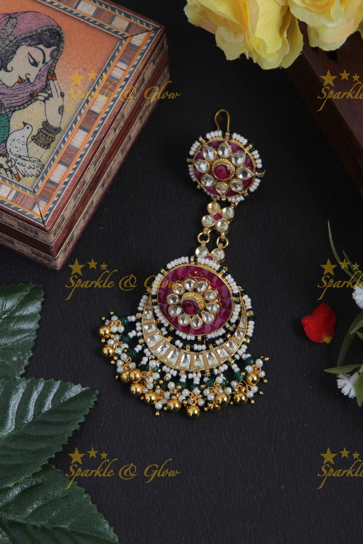 Gold alike half moon two similar floral maang tikka