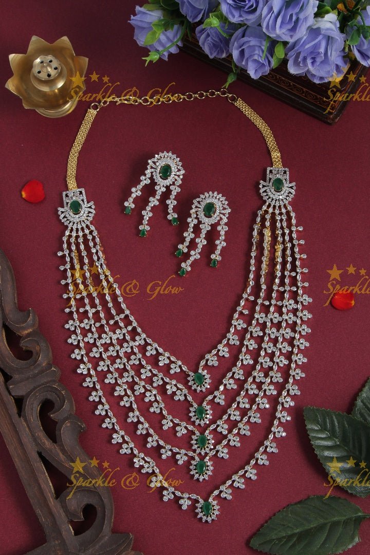 Beautiful multi layered gj polish AD long necklace - Green - Sparkle and Glow - Green - Back Thread