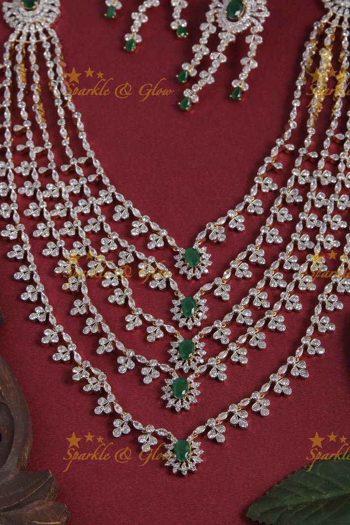Beautiful multi layered gj polish AD long necklace - Green - Sparkle and Glow - Green - Back Thread