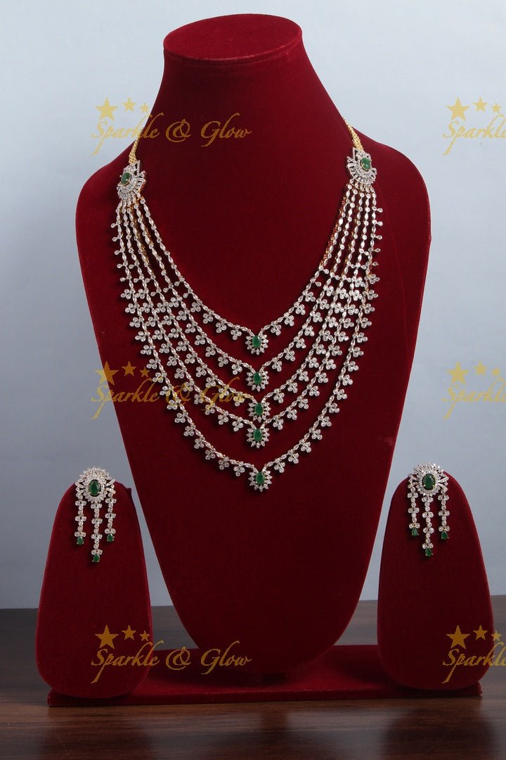 Beautiful multi layered gj polish AD long necklace - Green - Sparkle and Glow - Green - Back Thread