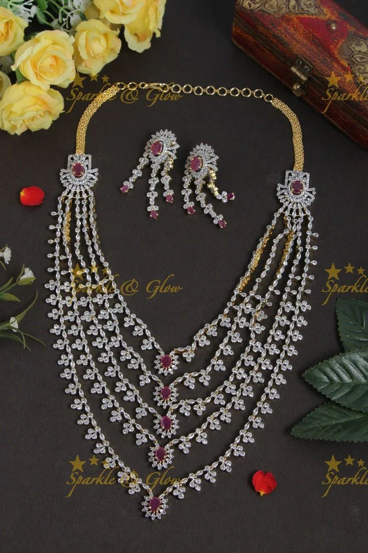 Beautiful multi layered gj polish AD long necklace - Green - Sparkle and Glow