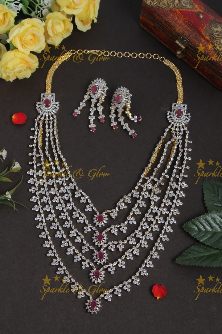 Beautiful multi layered gj polish AD long necklace - Green - Sparkle and Glow - Pink - Back Thread