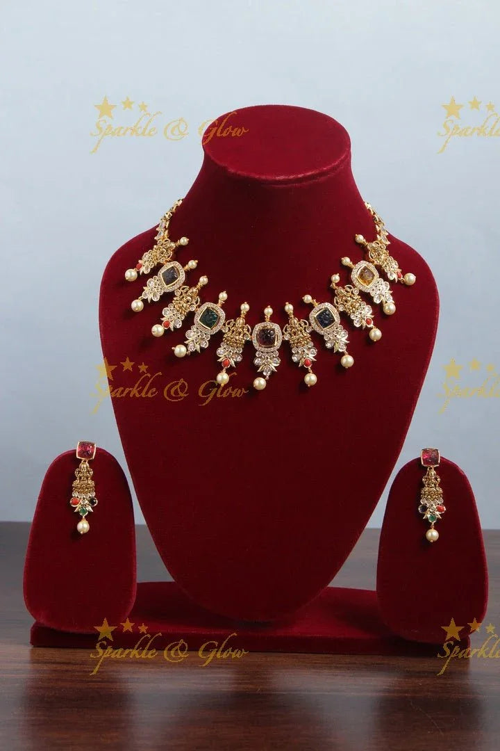 Gold alike idol square stone necklace - Multi - Sparkle and Glow