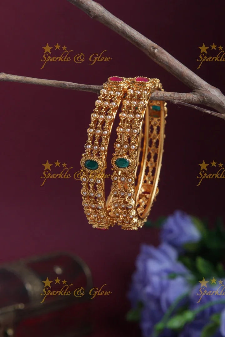 Premium Matt pearl stone bangle - a pair - Multi - Sparkle and Glow