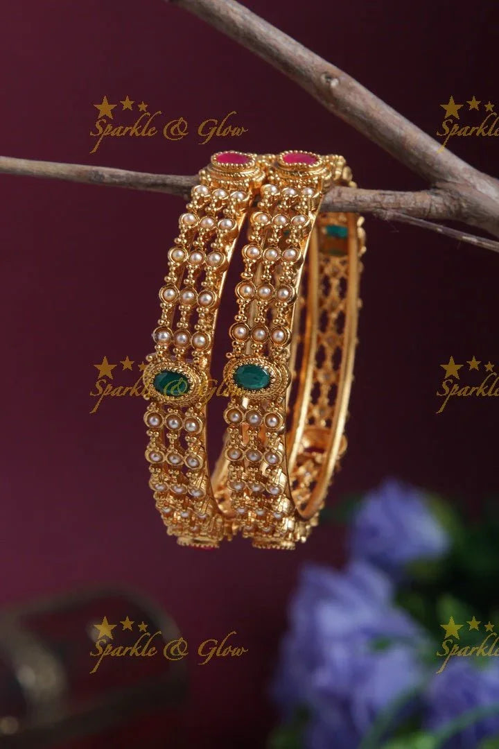 Premium Matt pearl stone bangle - a pair - Multi - Sparkle and Glow