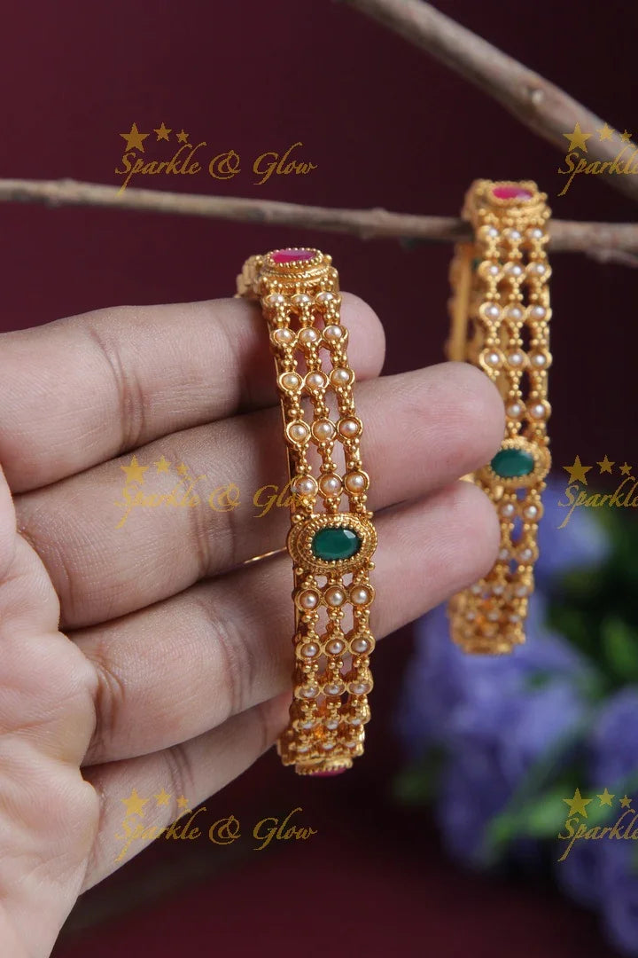 Premium Matt pearl stone bangle - a pair - Multi - Sparkle and Glow