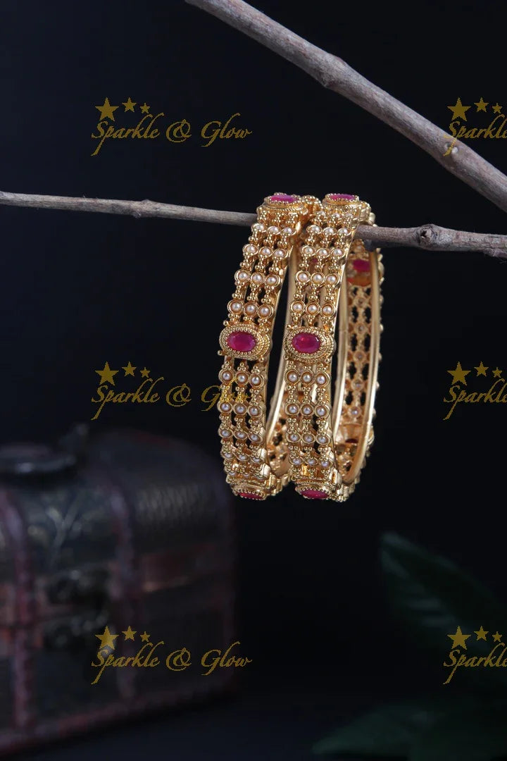 Premium Matt pearl stone bangle - a pair - Pink - Sparkle and Glow
