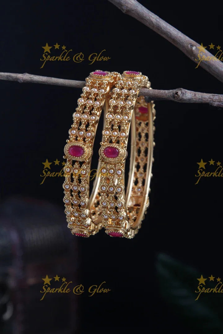 Premium Matt pearl stone bangle - a pair - Pink - Sparkle and Glow