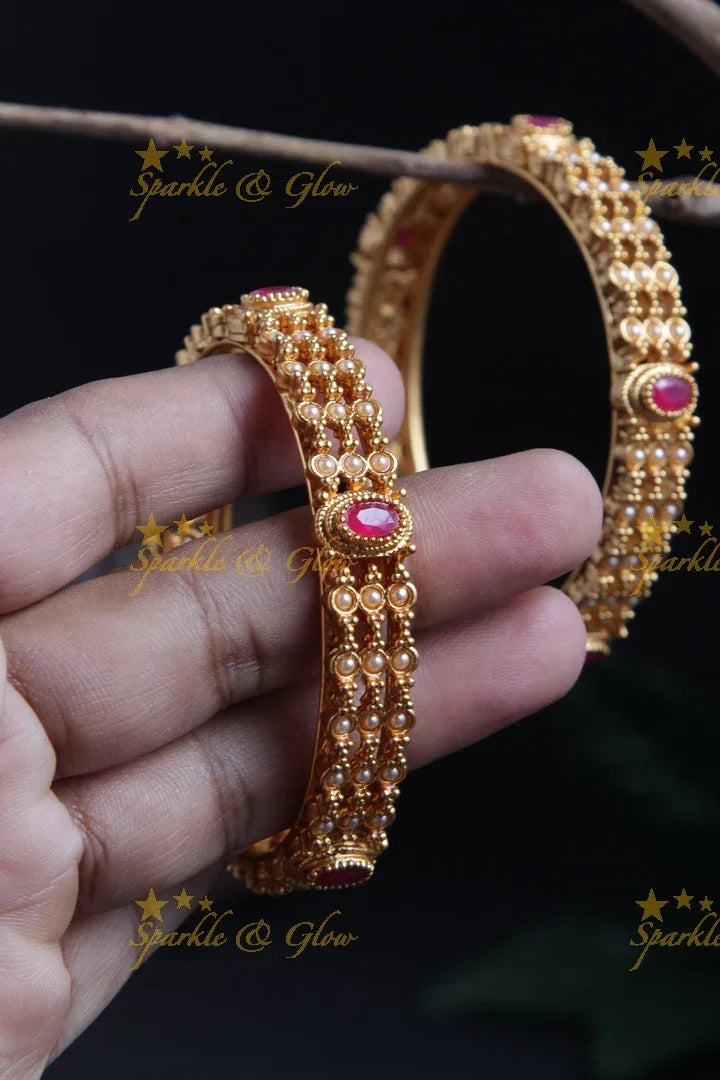 Premium Matt pearl stone bangle - a pair - Pink - Sparkle and Glow