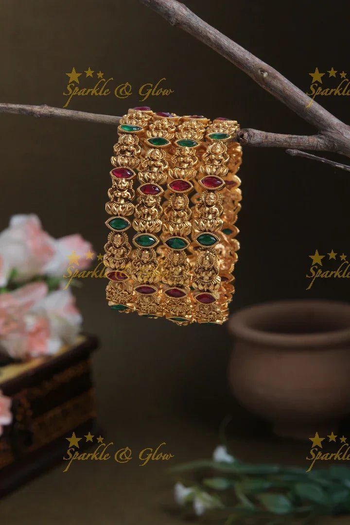 Beautiful multicolor stone lakshmi carved bangle - set of 4 - 2.6 - Sparkle and Glow