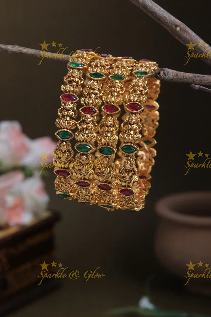 Beautiful multicolor stone lakshmi carved bangle - set of 4 - 2.6 - Sparkle and Glow