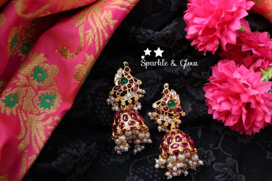 Real Precious kemp stones peacock jhumukas - Sparkle and Glow