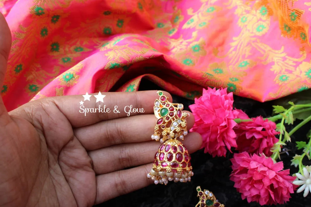 Real Precious kemp stones peacock jhumukas - Sparkle and Glow