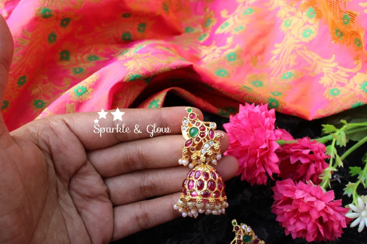 Real Precious kemp stones peacock jhumukas - Sparkle and Glow