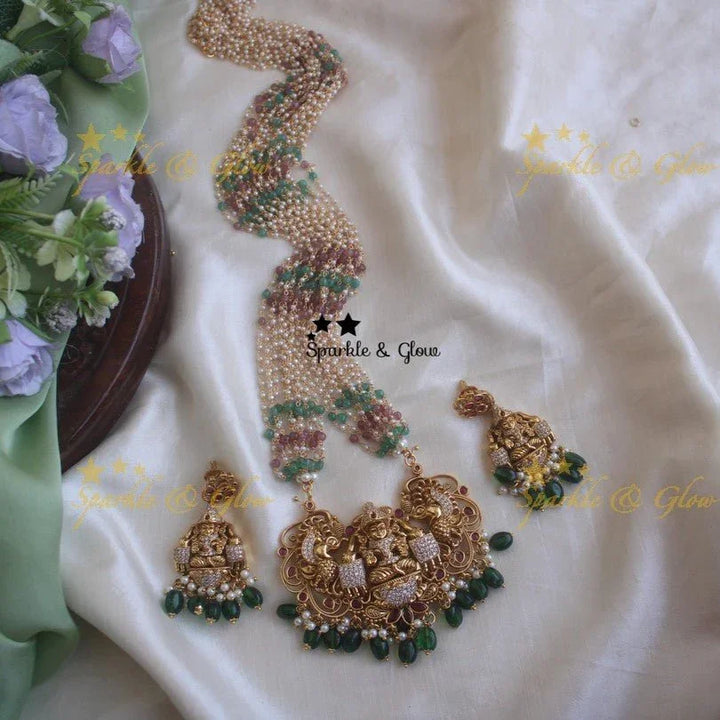 Beautiful multilayer multicolor pearl necklace with lakshmi carved elephant pendent - Sparkle and Glow